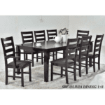 Malaysian Solid Wood Eight Seater Dining Set | Wooden One Dining Table with Eight Chairs. Chair Seats with Fabric Cushion Table Top Size 100x200x75cm