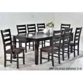Malaysian Solid Wood Eight Seater Dining Set | Wooden One Dining Table with Eight Chairs. Chair Seats with Fabric Cushion Table Top Size 100x200x75cm