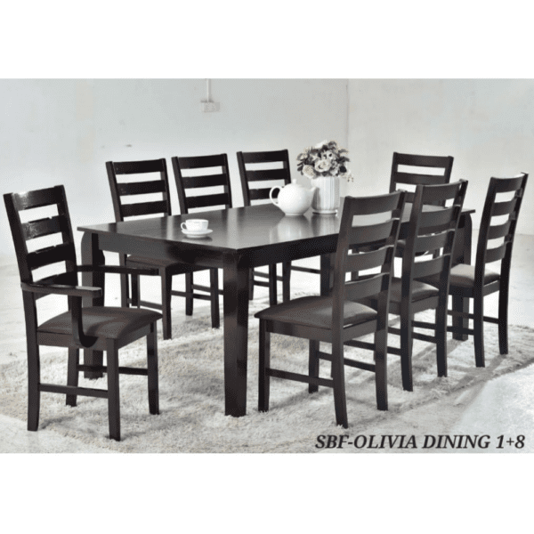 Malaysian Solid Wood Eight Seater Dining Set | Wooden One Dining Table with Eight Chairs. Chair Seats with Fabric Cushion Table Top Size 100x200x75cm