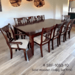 Malaysian Solid Wood Ten Seater Dining Set | Wooden One Dining Table with Ten Chairs. Chair Seats with Fabric Cushion Table Top Size 120x240x75cm