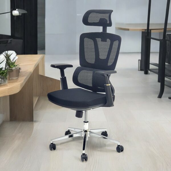 SBF Executive Mesh Office Chair - 3D Armrests, Adjustable Headrest and Backrest, Ergonomic Lumbar Support, Comfort Fabric Seat, Chrome Base, Swivel Manager Chair, Black