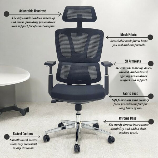 SBF Executive Mesh Office Chair - 3D Armrests, Adjustable Headrest and Backrest, Ergonomic Lumbar Support, Comfort Fabric Seat, Chrome Base, Swivel Manager Chair, Black