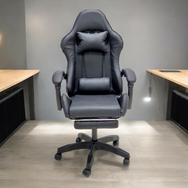 SBF High Back Gaming Chair with Footrest - Premium Leather, Padded Armrests, Adjustable Height, Headrest Cushion & Reclining Backrest, Swivel Office Computer Chair, Black