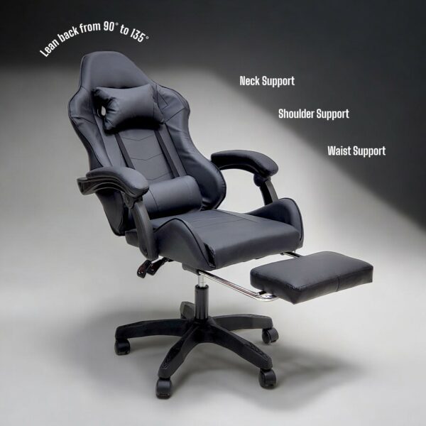 SBF High Back Gaming Chair with Footrest - Premium Leather, Padded Armrests, Adjustable Height, Headrest Cushion & Reclining Backrest, Swivel Office Computer Chair, Black