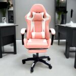 SBF High Back Gaming Chair with Footrest - Premium Leather, Padded Armrests, Adjustable Height, Headrest Cushion & Reclining Backrest, Swivel Office Computer Chair, Pink White