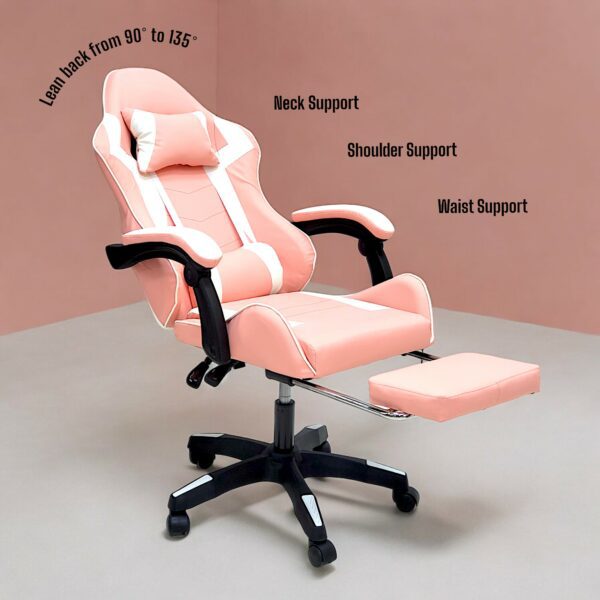 SBF High Back Gaming Chair with Footrest - Premium Leather, Padded Armrests, Adjustable Height, Headrest Cushion & Reclining Backrest, Swivel Office Computer Chair, Pink White