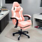SBF High Back Gaming Chair with Footrest - Premium Leather, Padded Armrests, Adjustable Height, Headrest Cushion & Reclining Backrest, Swivel Office Computer Chair, Pink White