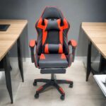 SBF High Back Gaming Chair with Footrest - Premium Leather, Padded Armrests, Adjustable Height, Headrest Cushion & Reclining Backrest, Swivel Office Computer Chair, Red Black