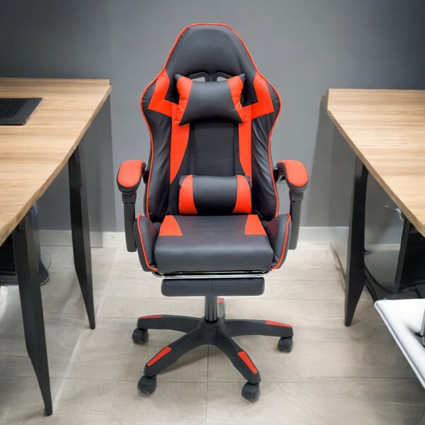 SBF High Back Gaming Chair with Footrest - Premium Leather, Padded Armrests, Adjustable Height, Headrest Cushion & Reclining Backrest, Swivel Office Computer Chair, Red Black