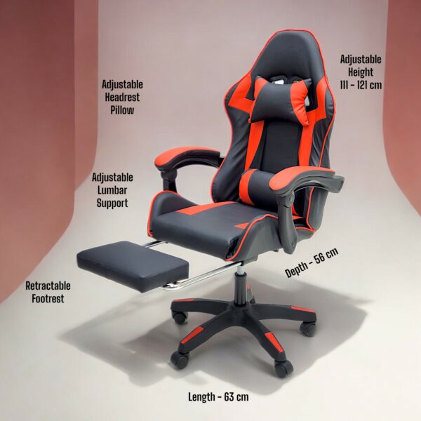 SBF High Back Gaming Chair with Footrest - Premium Leather, Padded Armrests, Adjustable Height, Headrest Cushion & Reclining Backrest, Swivel Office Computer Chair, Red Black