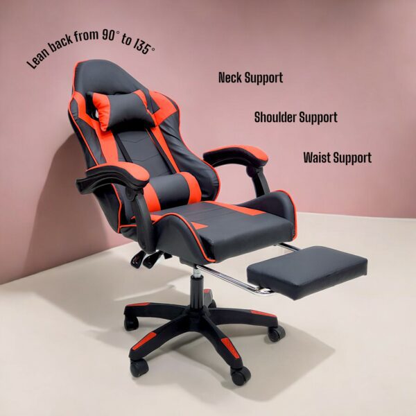 SBF High Back Gaming Chair with Footrest - Premium Leather, Padded Armrests, Adjustable Height, Headrest Cushion & Reclining Backrest, Swivel Office Computer Chair, Red Black