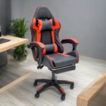 SBF High Back Gaming Chair with Footrest - Premium Leather, Padded Armrests, Adjustable Height, Headrest Cushion & Reclining Backrest, Swivel Office Computer Chair, Red Black