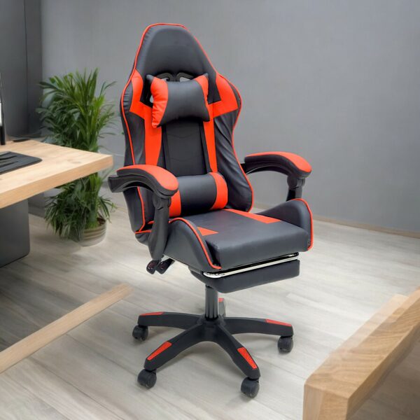 SBF High Back Gaming Chair with Footrest - Premium Leather, Padded Armrests, Adjustable Height, Headrest Cushion & Reclining Backrest, Swivel Office Computer Chair, Red Black