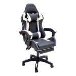SBF High Back Gaming Chair with Footrest - Premium Leather, Padded Armrests, Adjustable Height, Headrest Cushion & Reclining Backrest, Swivel Office Computer Chair, White Black