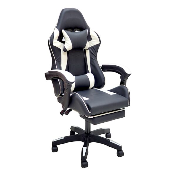 SBF High Back Gaming Chair with Footrest - Premium Leather, Padded Armrests, Adjustable Height, Headrest Cushion & Reclining Backrest, Swivel Office Computer Chair, White Black