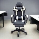 SBF High Back Gaming Chair with Footrest - Premium Leather, Padded Armrests, Adjustable Height, Headrest Cushion & Reclining Backrest, Swivel Office Computer Chair, White Black