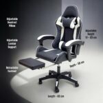 SBF High Back Gaming Chair with Footrest - Premium Leather, Padded Armrests, Adjustable Height, Headrest Cushion & Reclining Backrest, Swivel Office Computer Chair, White Black