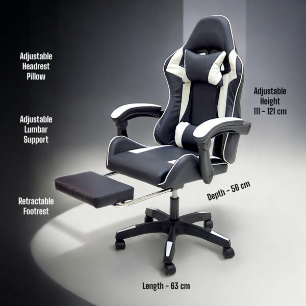 SBF High Back Gaming Chair with Footrest - Premium Leather, Padded Armrests, Adjustable Height, Headrest Cushion & Reclining Backrest, Swivel Office Computer Chair, White Black