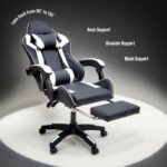 SBF High Back Gaming Chair with Footrest - Premium Leather, Padded Armrests, Adjustable Height, Headrest Cushion & Reclining Backrest, Swivel Office Computer Chair, White Black