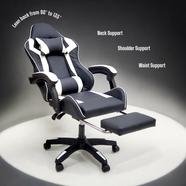 SBF High Back Gaming Chair with Footrest - Premium Leather, Padded Armrests, Adjustable Height, Headrest Cushion & Reclining Backrest, Swivel Office Computer Chair, White Black