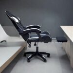 SBF High Back Gaming Chair with Footrest - Premium Leather, Padded Armrests, Adjustable Height, Headrest Cushion & Reclining Backrest, Swivel Office Computer Chair, White Black