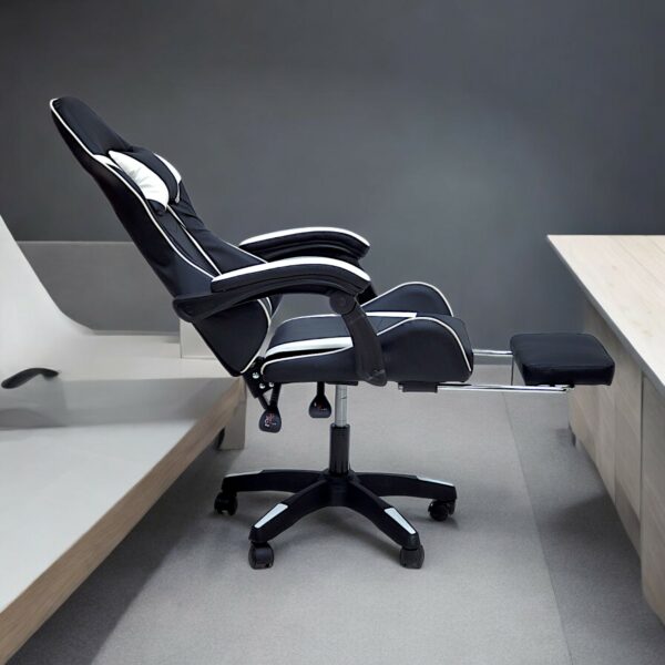 SBF High Back Gaming Chair with Footrest - Premium Leather, Padded Armrests, Adjustable Height, Headrest Cushion & Reclining Backrest, Swivel Office Computer Chair, White Black