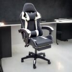 SBF High Back Gaming Chair with Footrest - Premium Leather, Padded Armrests, Adjustable Height, Headrest Cushion & Reclining Backrest, Swivel Office Computer Chair, White Black
