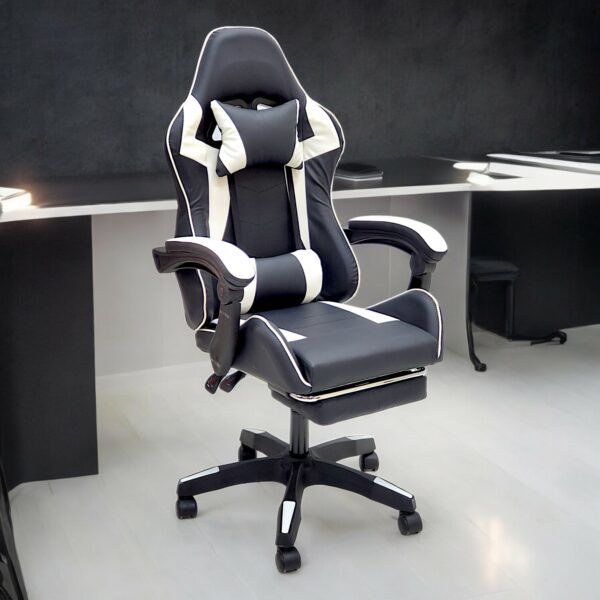 SBF High Back Gaming Chair with Footrest - Premium Leather, Padded Armrests, Adjustable Height, Headrest Cushion & Reclining Backrest, Swivel Office Computer Chair, White Black