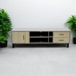 SBF Wooden TV Rack - Melamine Entertainment Unit, Modern Style TV Table, Fits TVs up to 75 Inches, 180 cm TV Cabinet for Living Room, Grey Beige